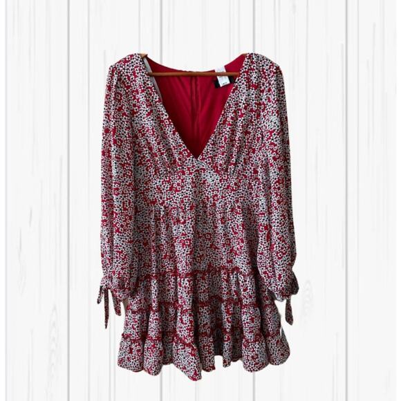 B. Darlin Dress Junior Red Long Sleeve Daisy Tiered Ruffle V-Neck Swing Sz 11/12 - Picture 1 of 11